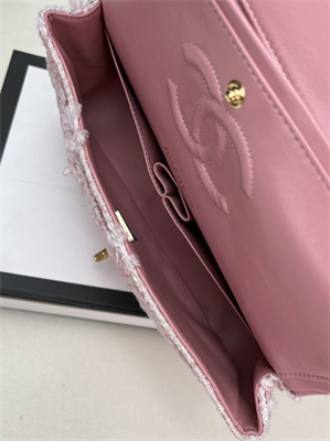 Cha.nel Medium Classic Flap Bag Tweed Gold Tone Metal Pink A01112