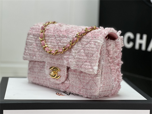 Cha.nel Mini Classic Flap Bag Tweed Gold Tone Metal Pink A01116