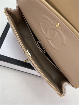 Cha.nel Medium Classic Flap Bag Tweed Gold Tone Metal Beige A01112