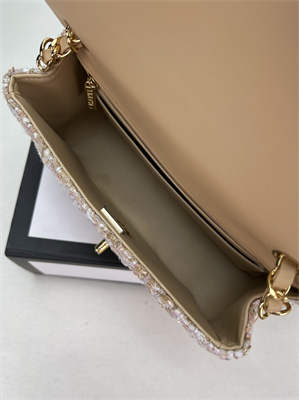 Cha.nel Mini Classic Flap Bag Tweed Gold Tone Metal Beige A01116
