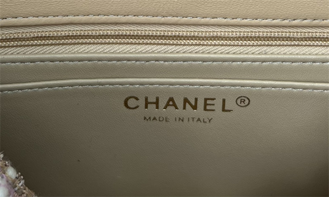 Cha.nel Mini Classic Flap Bag Tweed Gold Tone Metal Beige A01116