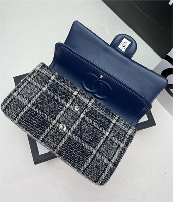 Cha.nel Medium Classic Flap Bag Tweed Silver Tone Metal Navy A01112