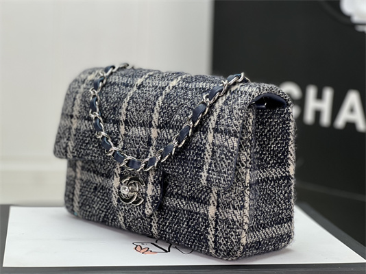 Cha.nel Mini Classic Flap Bag Tweed Silver Tone Metal Navy A01116