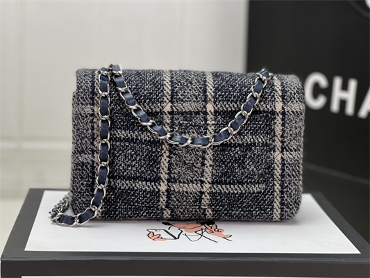 Cha.nel Mini Classic Flap Bag Tweed Silver Tone Metal Navy A01116