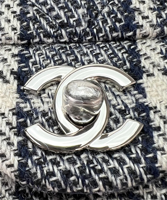 Cha.nel Mini Classic Flap Bag Tweed Silver Tone Metal Navy A01116