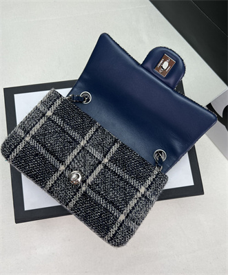 Cha.nel Mini Classic Flap Bag Tweed Silver Tone Metal Navy A01116