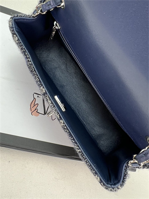 Cha.nel Mini Classic Flap Bag Tweed Silver Tone Metal Navy A01116