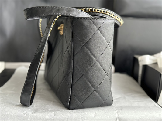 Cha.nel Shopping Bag Smooth Calfskin Gold Tone Metal Black AS3508