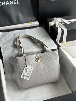 Cha.nel Shopping Bag Smooth Calfskin Gold Tone Metal Grey AS3508