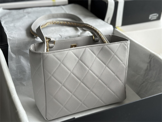 Cha.nel Shopping Bag Smooth Calfskin Gold Tone Metal Grey AS3508