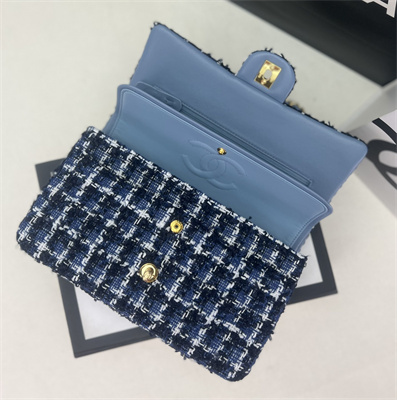 Cha.nel Medium Classic Flap Bag Tweed Gold Tone Metal Dk Blue A01112
