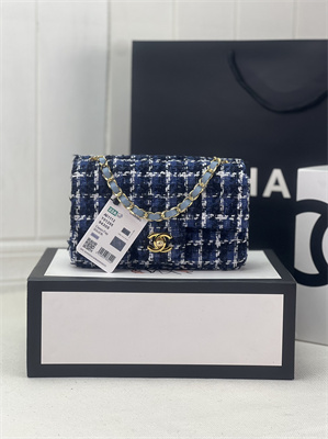 Cha.nel Mini Classic Flap Bag Tweed Gold Tone Metal Dk Blue A01116