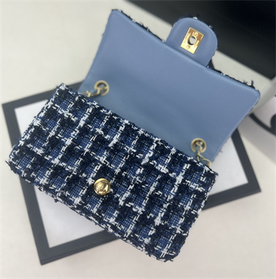 Cha.nel Mini Classic Flap Bag Tweed Gold Tone Metal Dk Blue A01116