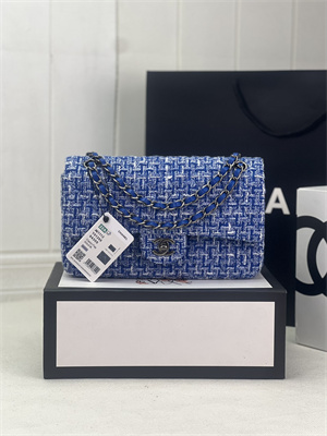 Cha.nel Medium Classic Flap Bag Tweed Silver Tone Metal Blue A01112