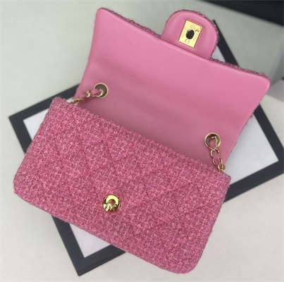 Cha.nel Mini Classic Flap Bag Tweed Gold Tone Metal Pink A01116