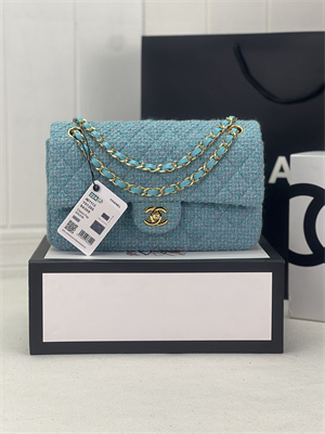 Cha.nel Medium Classic Flap Bag Tweed Gold Tone Metal Blue A01112