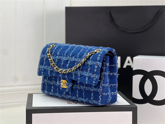 Cha.nel Medium Classic Flap Bag Tweed Gold Tone Metal Blue A01112