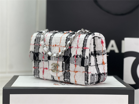 Cha.nel Mini Classic Flap Bag Tweed Silver Tone Metal A01116