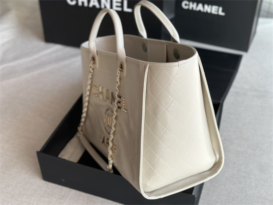 Cha.nel Deauville Large Shopping Bag Shiny Calfskin Gold Tone Metal White A66941