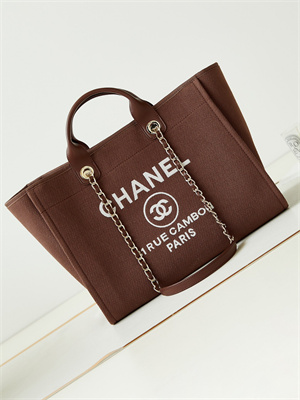 Cha.nel Deauville Large Shopping Bag Mixed Fibers Gold Tone Metal Caramel A66941
