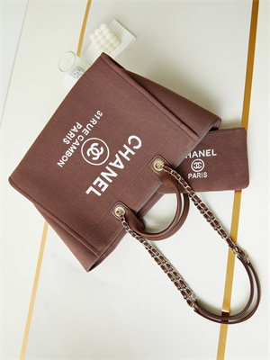 Cha.nel Deauville Large Shopping Bag Mixed Fibers Gold Tone Metal Caramel A66941