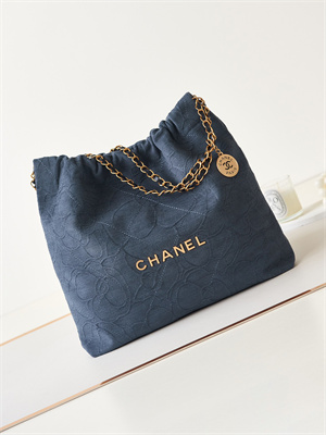 Cha.nel 22 Medium Handbag Velvet Gold Tone Metal Blue AS3261