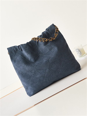 Cha.nel 22 Medium Handbag Velvet Gold Tone Metal Blue AS3261