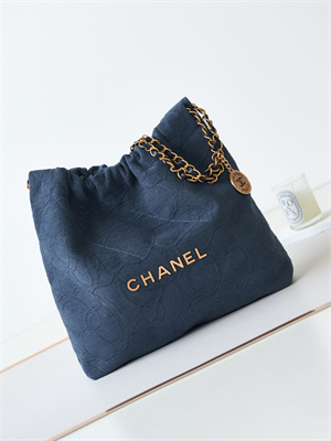 Cha.nel 22 Small Handbag Velvet Gold Tone Metal Blue AS3260