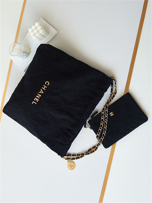 Cha.nel 22 Medium Handbag Velvet Gold Tone Metal Black AS3261
