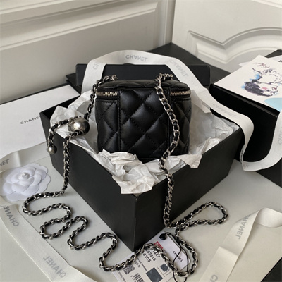 Cha.nel Vanity Case With Ball Lambskin Silver Tone Metal Black AP1447