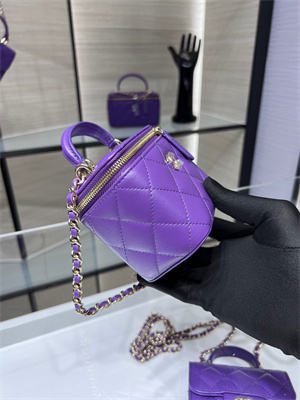 Cha.nel Vanity Case With Chain Lambskin Gold Tone Metal Purple AP2198