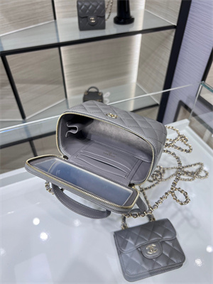 Cha.nel Vanity Case With Top Handle Lambskin Gold Tone Metal Grey AP2199