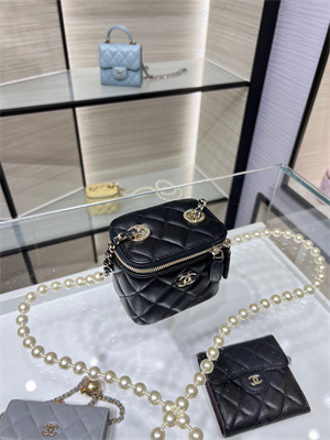 Cha.nel Vanity Case With Chain Lambskin Gold Tone Metal Black AP2581