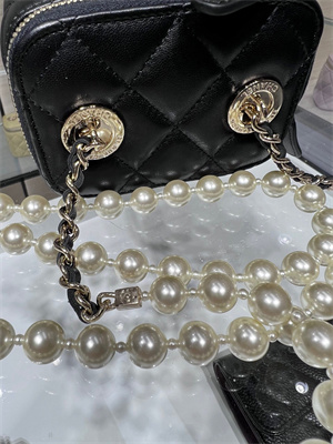 Cha.nel Vanity Case With Chain Lambskin Gold Tone Metal Black AP2581