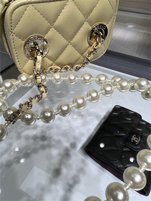 Cha.nel Vanity Case With Chain Lambskin Gold Tone Metal Yellow AP2581