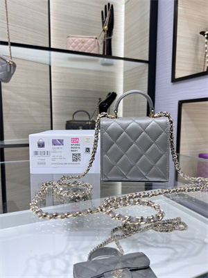 Cha.nel Vanity Case With Top Handle Lambskin Gold Tone Metal Grey AP2682