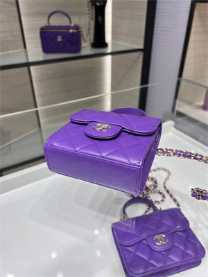 Cha.nel Vanity Case With Top Handle Lambskin Gold Tone Metal Purple AP2682