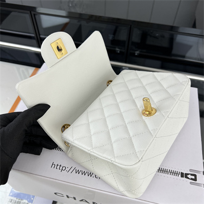 cha.nel S*per mini classic flap bag grained calfskin gold tone metal white 01115