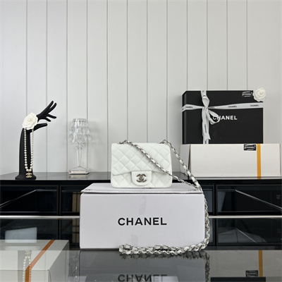 cha.nel S*per mini classic flap bag grained calfskin silver tone metal white 01115