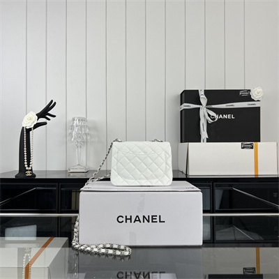 cha.nel S*per mini classic flap bag grained calfskin silver tone metal white 01115