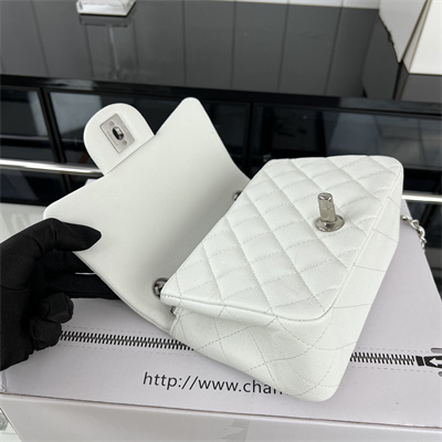 cha.nel S*per mini classic flap bag grained calfskin silver tone metal white 01115