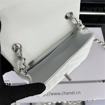 cha.nel S*per mini classic flap bag grained calfskin silver tone metal white 01115