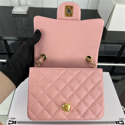 cha.nel S*per mini classic flap bag grained calfskin gold tone metal pink 01115
