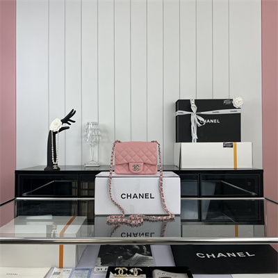 cha.nel S*per mini classic flap bag grained calfskin silver tone metal pink 01115