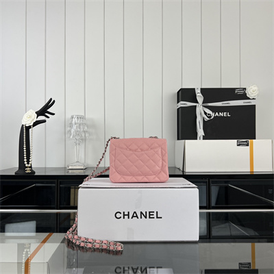 cha.nel S*per mini classic flap bag grained calfskin silver tone metal pink 01115