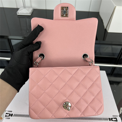 cha.nel S*per mini classic flap bag grained calfskin silver tone metal pink 01115