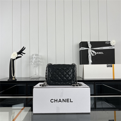 cha.nel S*per mini classic flap bag grained calfskin silver tone metal black 01115