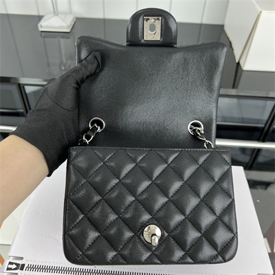 cha.nel S*per mini classic flap bag grained calfskin silver tone metal black 01115