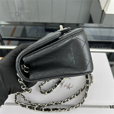 cha.nel S*per mini classic flap bag grained calfskin silver tone metal black 01115