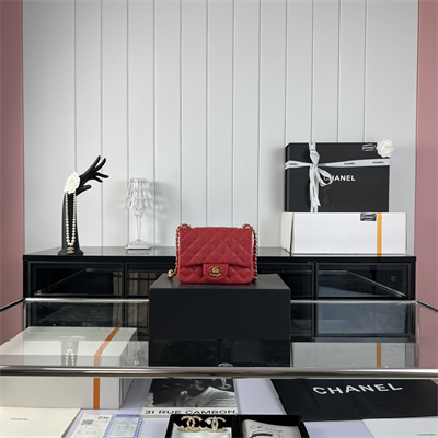 cha.nel S*per mini classic flap bag grained calfskin gold tone metal red 01115